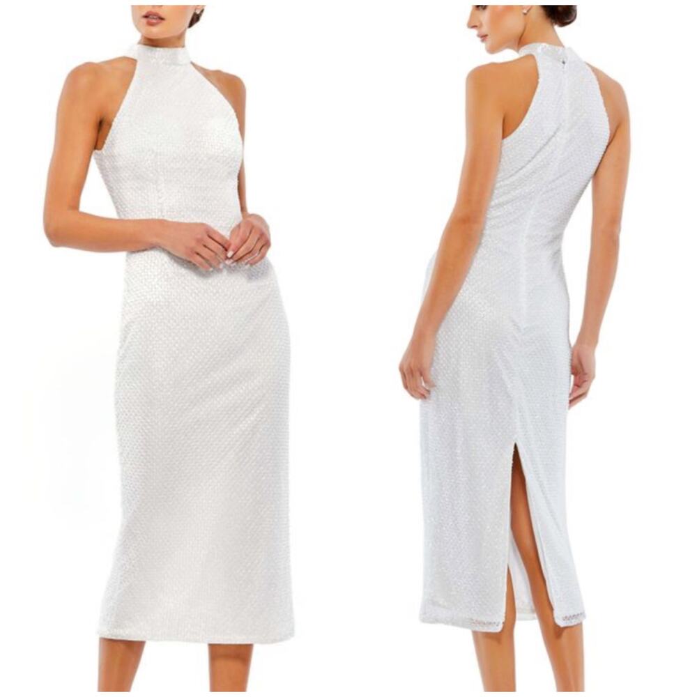 Mac Duggal NWT Lattice Embellished Halter Neck Midi Sheath Dress White Size 10